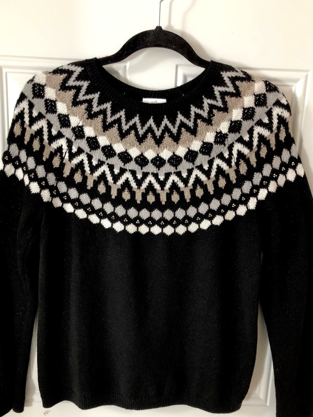 J. Jill Classic Fair Isle Nordic Black Crewneck Sweater Retails $109